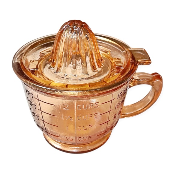 Depression Era Pink Peach Amber Glass Citrus Juicer Reamer w/2 Cup Measuring Cup - Picture 1 of 11